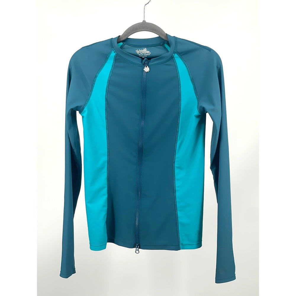 UV Skinz Rash Guard Womens M Teal Blue Full Zip Long Sleeve UPF 50+